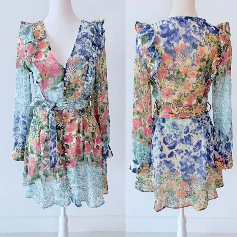 Zara Ultra-Feminine Ruffle Mini Dress | Pastel Floral Dress XS